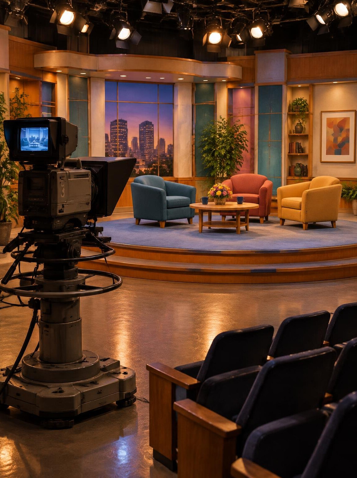 Vintage television studio with camera and soft stage lights
